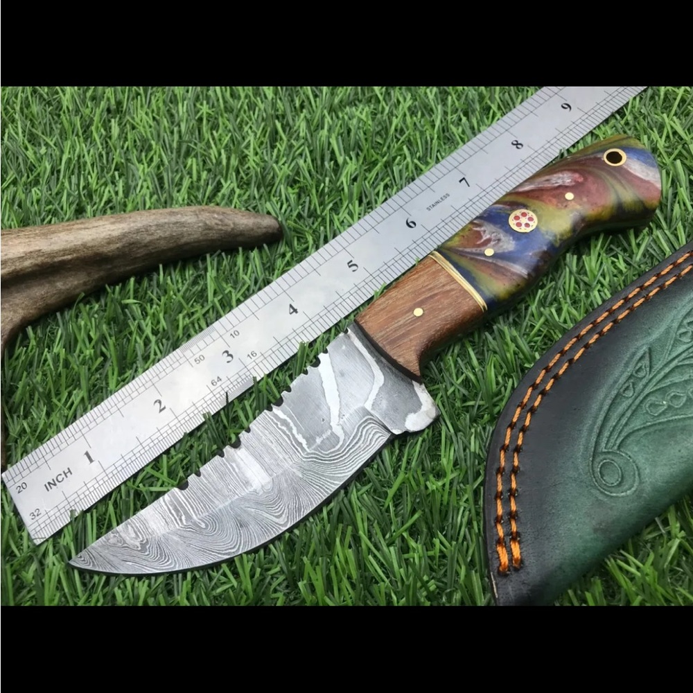 Damascus Knife with Corain Handle Full Tang Hand Crafted NWOT